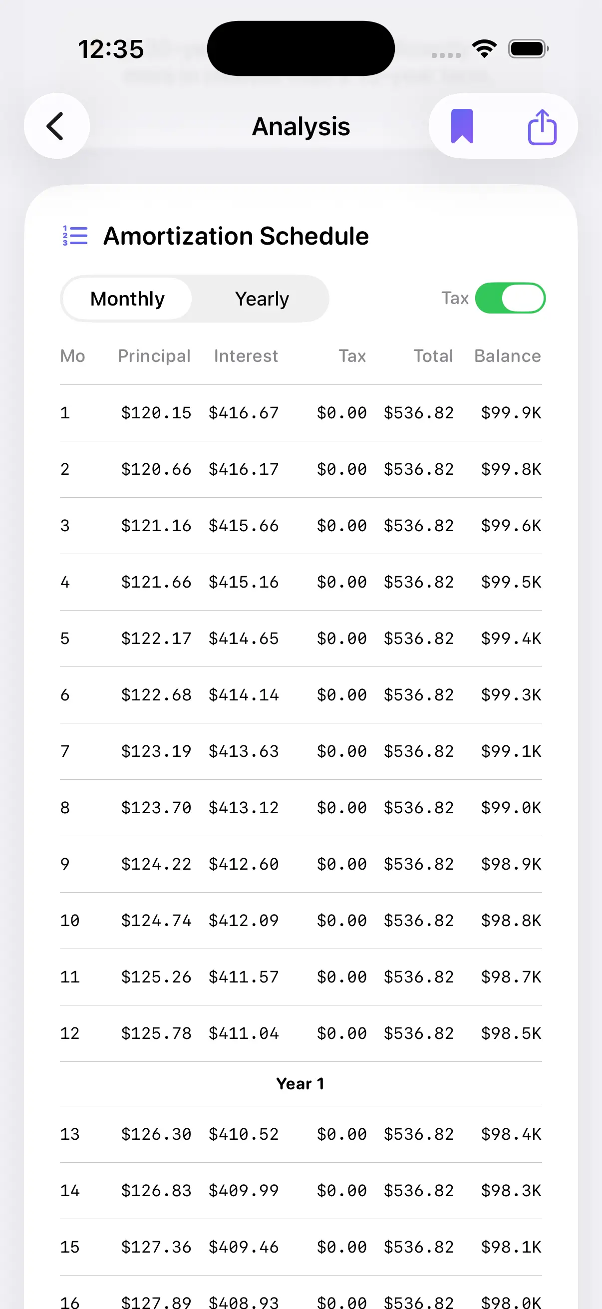 Loan Calculator calculator list on iPhone